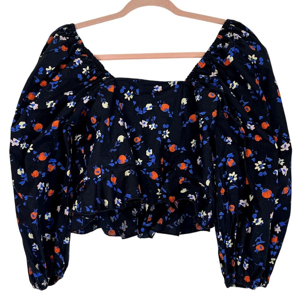 Collusion Casual Black Floral Cropped Boho Peasant Milkmaid Corset Top Size 10